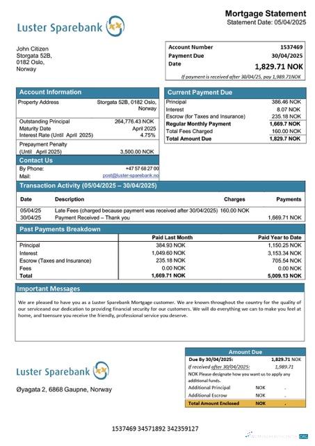 Download Norway Luster Sparebank mortgage statement Word and PDF template Photoshop template
